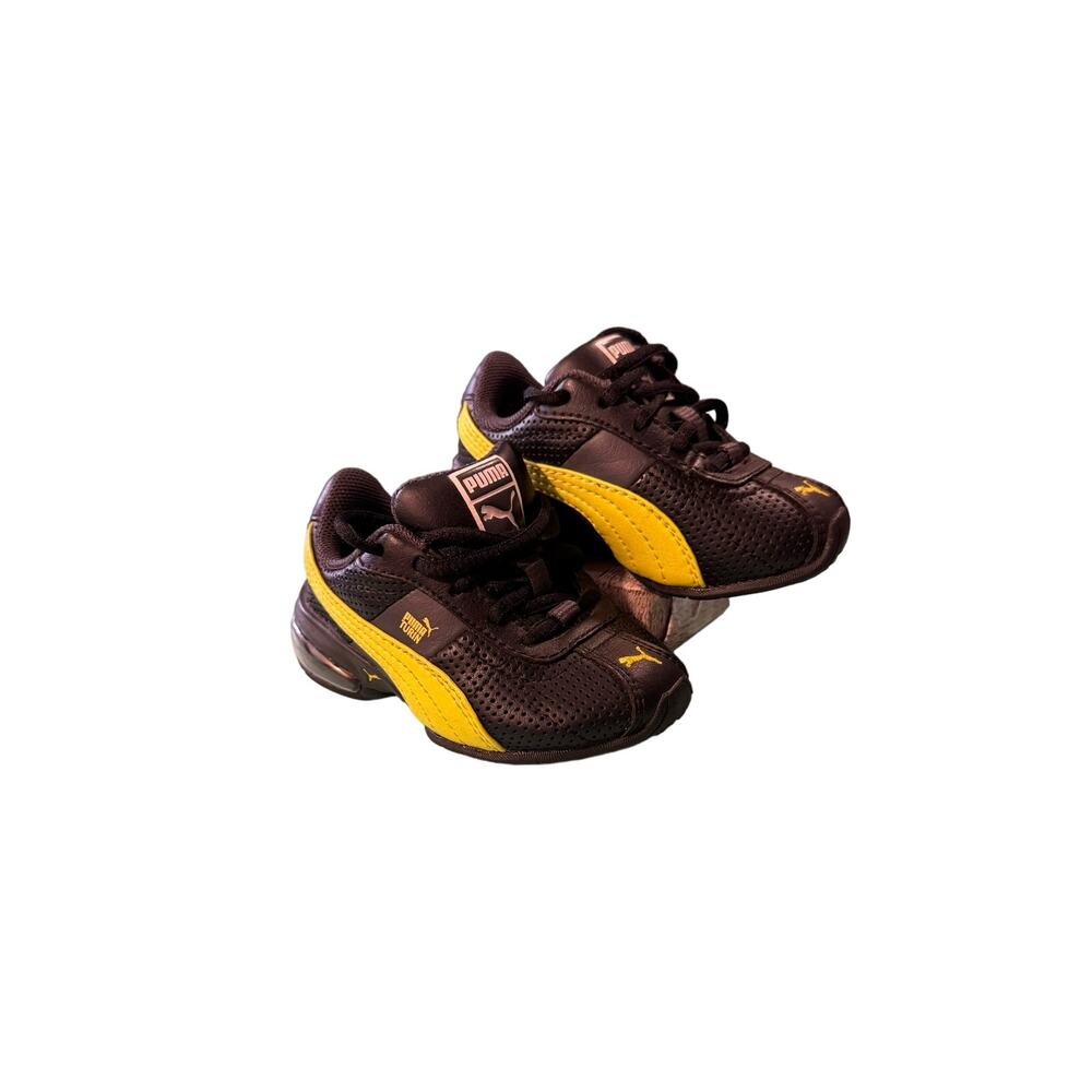 PUMA Sneakers Size 4 Toddler Black Yellow Design, soft foam insoles comfort EUC